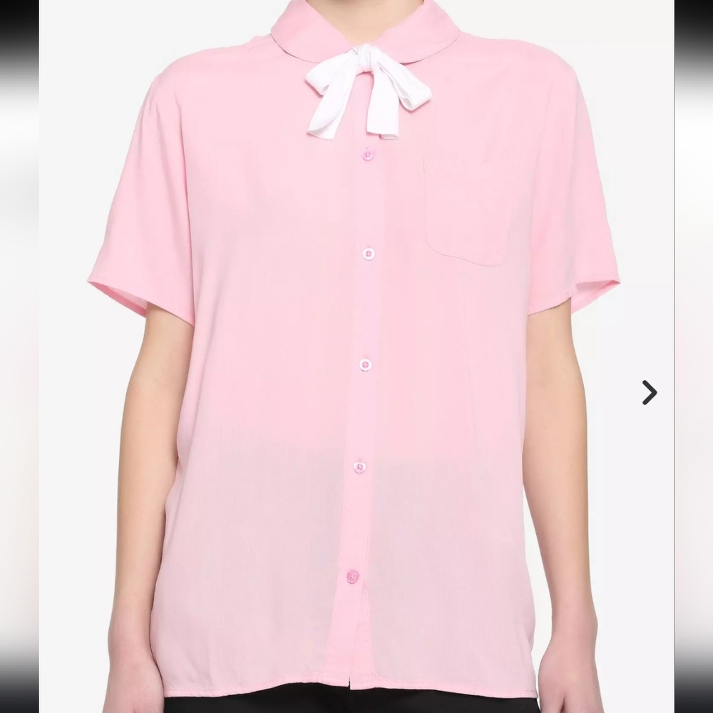 Hot Topic Pink & White Bow Button Up - Small